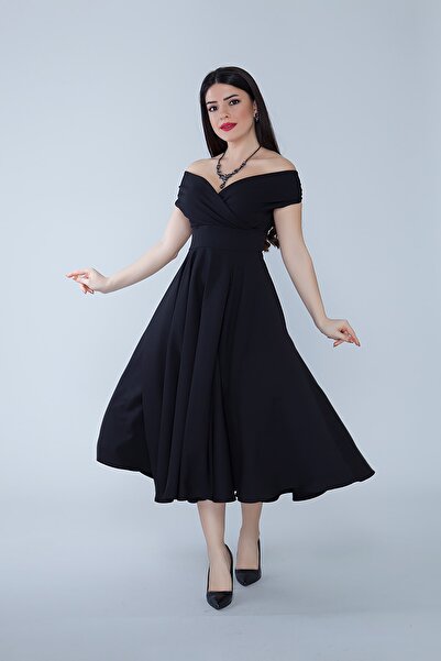 Bidoluelbise Kadın Kayık Yaka Kloş Midi Boy Dokuma Dökümlü Elbiselik Kumaş Abiye ve Mezuniyet Elbisesi