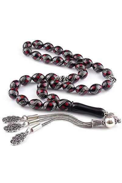 TAŞHAN Gümüş Mercan Işlemeli Özel Işçilik Erzurum Oltu Taşı Tesbih