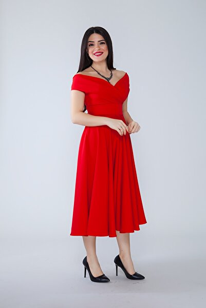 Bidoluelbise Kadın Kayık Yaka Kloş Midi Boy Dokuma Dökümlü Elbiselik Kumaş Abiye ve Mezuniyet Elbisesi