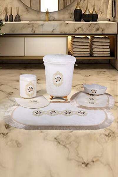 Teksev Set de baie Shems Cream, 6 piese |   Set de 3 coșuri pentru rufe murda...