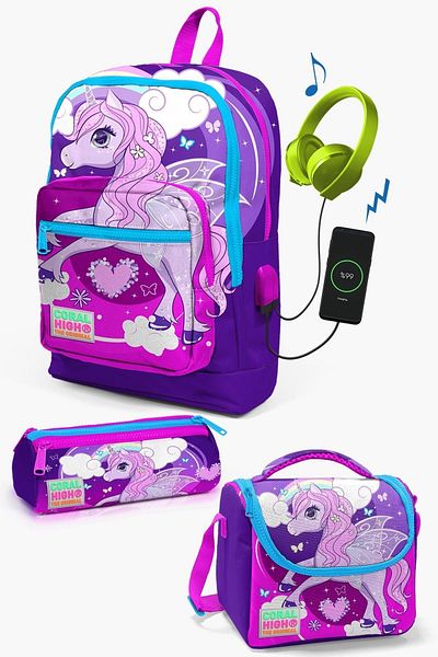 Coral High Set de geanți de școală USB din 3 bucăți cu model unicorn violet violet - SET0123808