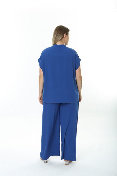 XL Modam Costum cu pantaloni cămașă albastră din țesătură de in pentru femei