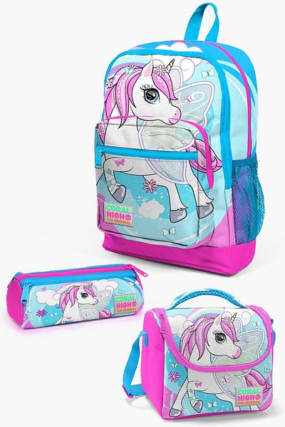 Coral High Set de geanți de școală pentru copii, albastru, roz neon, cu model, 3 piese, SET0123711