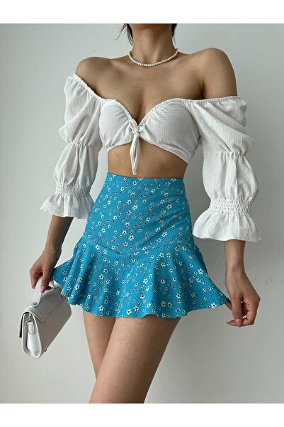 Brood Fitilli Pileli Volanlı Bürümcük Papatya Desenli Şort Etek
