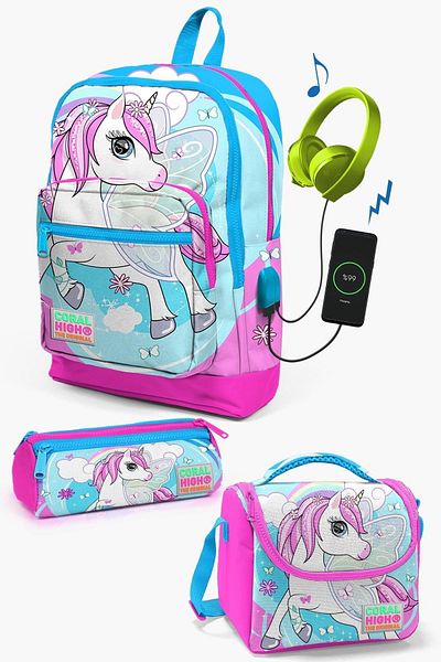 Coral High Set de genți de școală pentru copii, albastru, roz neon, cu model unicorn, USB, 3 piese 0123811