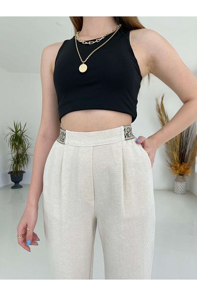 Elif Özbey Butik Linen Trousers with Stone Back Elastics