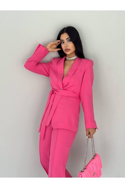 han fashion Costum cu pantaloni flexibili, cu buzunare false, cu curea, guler șal.
