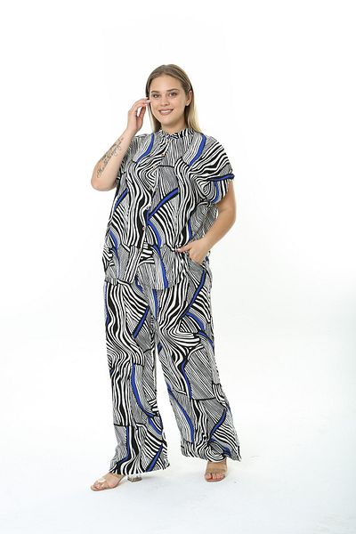 XL Modam WOMEN'S LARGE SIZE LINEN FABRIC BLACK WHITE BLUE PATTERNED SHIRT PANT SET