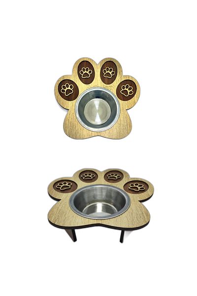 EMSE Luxury Wooden Steel Cat Dog Food Water Bowl