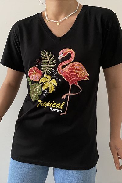 FEMELLE Tricou negru cu decolteu în V Flamingo și paiete și tricou brodat 100% bumbac
