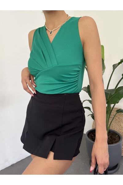 Fav Style Bluză de damă, cu mâneci zero, cu guler dublu, verde