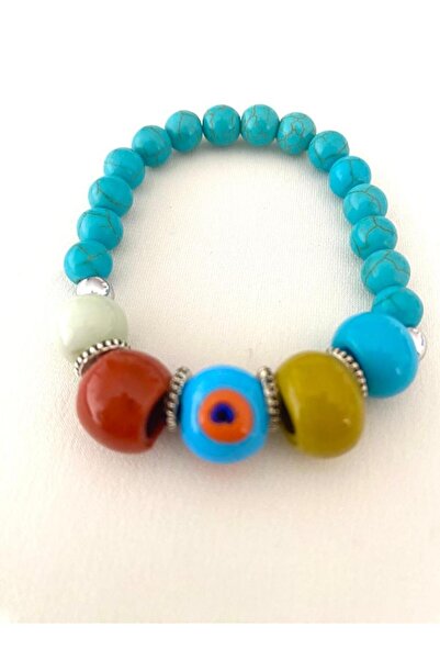 Troya Aksesuar سوار من الحجر الطبيعي باللون الفيروزي مع خرز زجاجي