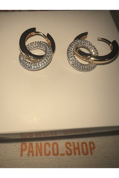 PANCO SHOP ACCESSORIES JEWELRY Kararmaz Altın Kaplama Zirkon Taşlı Oval Halka Küpe Özel Üretim