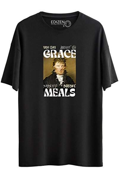 Edizen Tricou negru supradimensionat cu imprimeu Super Premium Grace 100% bumbac