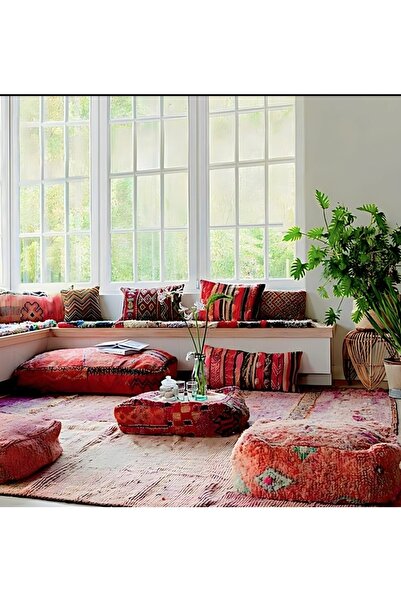 Ottoman Pouffe Art Deco Bohem Eskitme Özel Seri Halı El Dokuması Vintage Kırl...