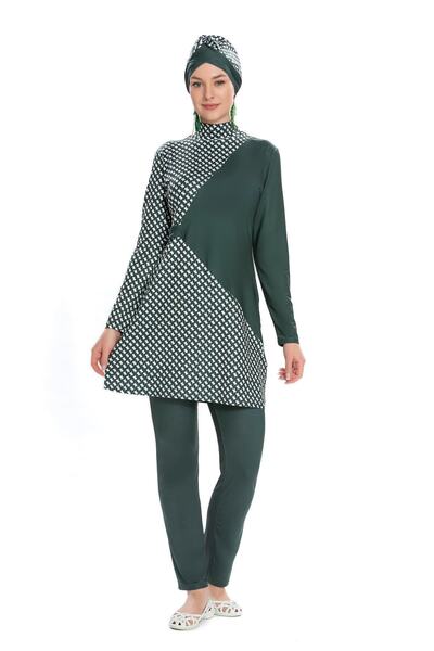 Starinci Mayo Lycra Full Covered Swimsuit Green Houndstooth Patterned
