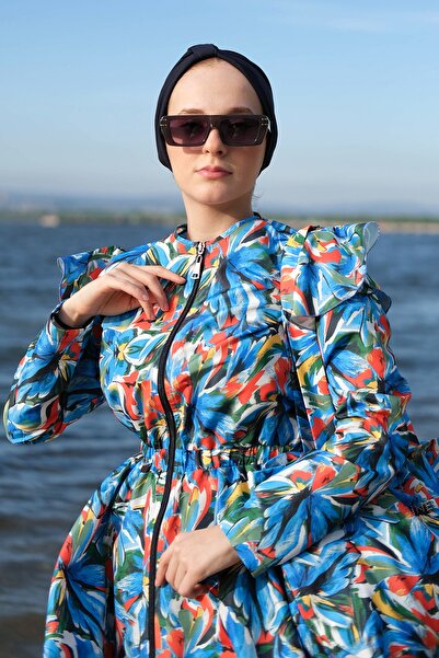 Minel Women's Blue Elastic Waist Tassel Detailed Fully Covered Hijab Swimsuit Set of 2