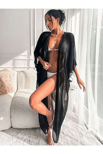 ZF BUTİK Kimono de plajă din șifon | Elb33597 Negru Brodat