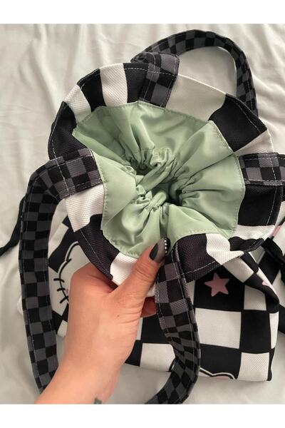 Planet Butik Checkered Cat Kawaii Drawstring Cloth Bag