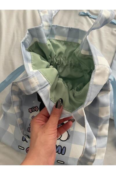 Planet Butik Blue Checkered Kawaii Drawstring Cloth Bag