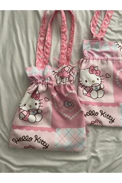 Planet Butik Aesthetic Cat Kawaii Büzgülü Bez Çanta