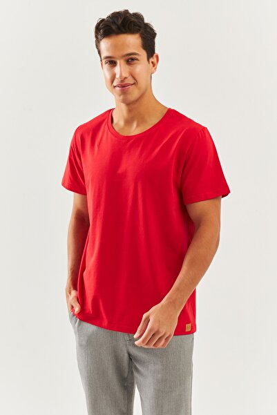 Butikgiz Κόκκινο Oversize Άνετο 100% βαμβακερό χτενισμένο λαιμόκοψη με κοντό μανίκι Basic T-Shirt Classic Collection