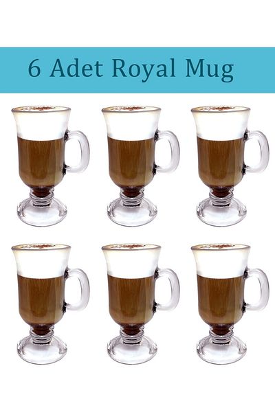 KRD Home Glass Mug 6 Pieces Glass with Handle KRD Royal Mug Latte, Frappe, Coffee, Soft Drink Glass.