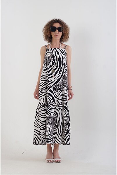 Zelish My Sister Siyah Zebra Desen Askılı Elbise