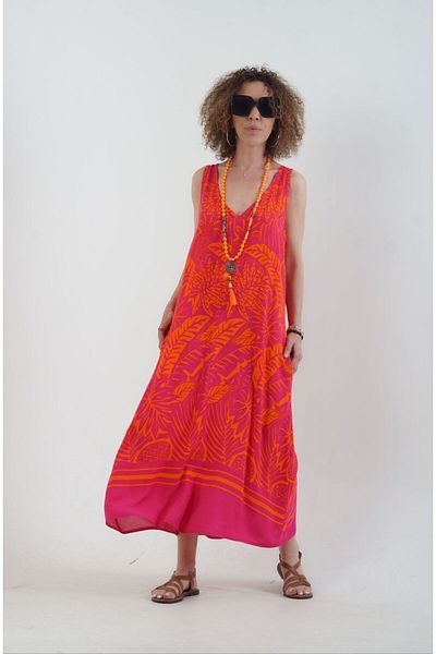 Zelish My Sister Rochie cu model de palmier portocaliu fuchsia