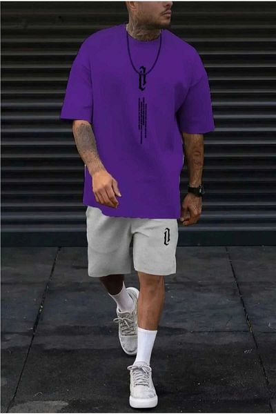 Sky Light Men's Vertical Printed Oversize Gray Shorts Purple T-Shirt Set