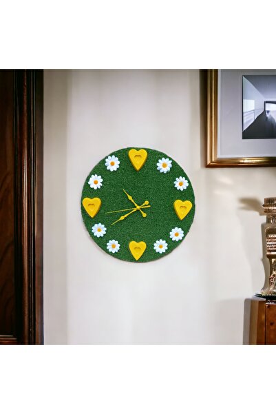 Bahat Yapay Çimli Papatyalı Kalpli Ahşap 3D Mutfak Salon Duvar Saati 34 cm Ca...