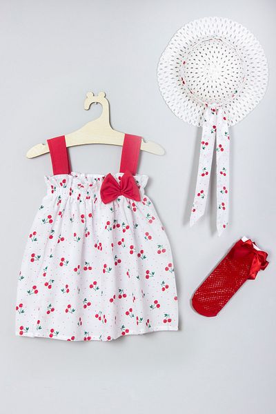 ADABEBEK Cherry Pattern Dress with Hat and Fishnet Socks Set 008