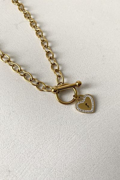 SilverStone Thick Chain Sailor Knot Zircon Stone Heart Gold Steel Necklace