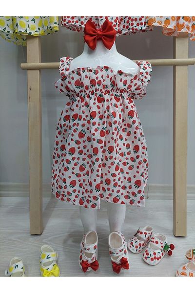 İSSE TEKSTİL Baby Dress Booties and Band Set Strawberry Patterned for Girls 3 6 9 12 Months