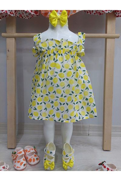 İSSE TEKSTİL Baby Girl Dress, And Band Set Lemon Patterned