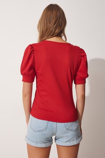 Happiness İstanbul Női Vörös tér galléros ballon ujjú kötött blúz DD01051