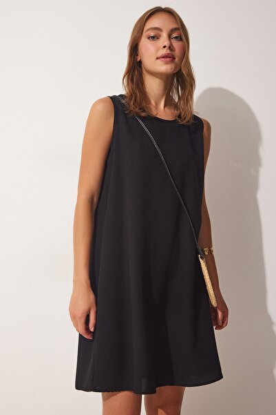 Happiness İstanbul Dámské černé letní lněné šaty z viskózy A-Line BH00416