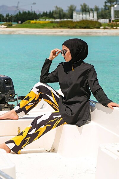 Marina Siyah Desenli Paraşüt 3'lü Tam Kapalı Tesettür Mayo M2110