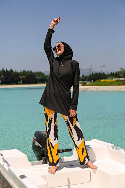 Marina Siyah Desenli Paraşüt 3'lü Tam Kapalı Tesettür Mayo M2110