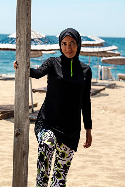 Marina Rivamera 4'lü Siyah Desenli Tam Kapalı Tesettür Mayo R1116