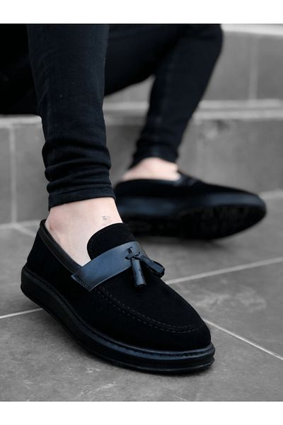 BossBusi BA0005 Laceless High Sole Black Belted Classic Tasseled Corcik Men's Shoes