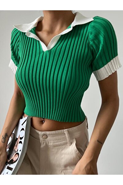 Esram Butik Women's Green Polo Neck Crop Knit Sweater - Blouse