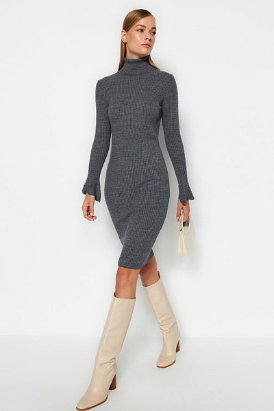 Trendyol Collection Anthracite Mini Knitwear Dress with Flounce Sleeves TWOAW20YN0005