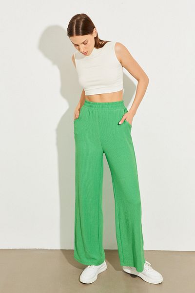 Bipantolon Γυναικείο παντελόνι Benetton Πράσινη ελαστική μέση με διπλή τσέπη με φαρδύ πόδι