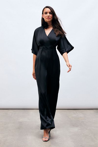 Sateen Double Breasted Casual Jumpsuit - BLACK