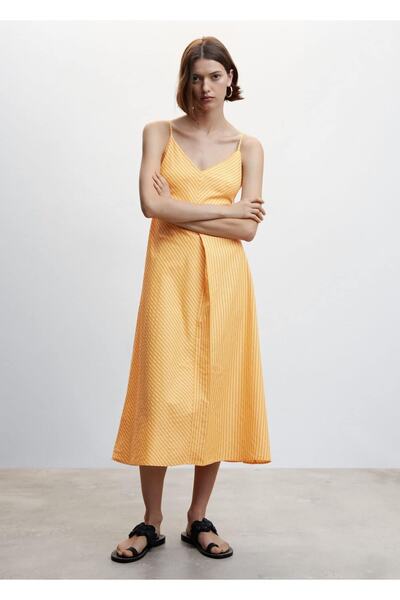 MANGO Woman Askılı Çizgili Elbise