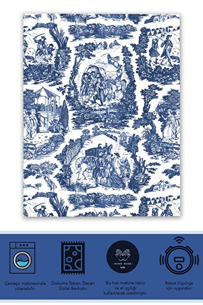 Rugs Modern Halı Bleu Blanc Beyaz Lacivert Vintage Desenli Dekoratif Dokuma Taban Halı Mira 1255