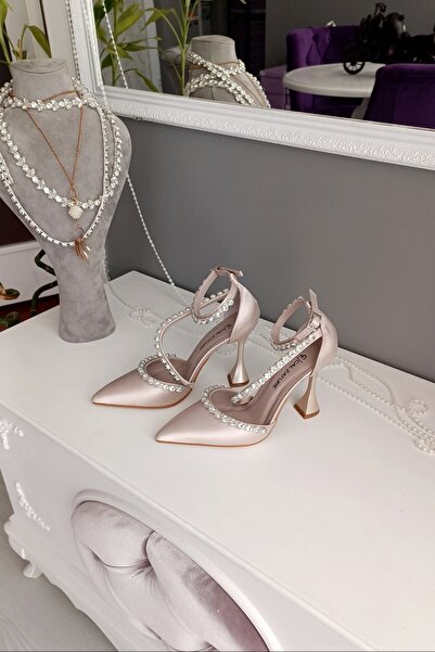 LA CALZATURE Piele din satin trei rânduri de pietre 11 cm toc șampanie cu centură la gleznă rochie de seară pantofi stiletto pentru femei