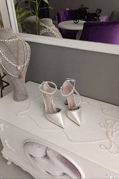 LA CALZATURE Mother of Pearl Satin Three Rows of Stones 11cm Champagne Heels with Ankle Belt Evening Dress Stiletto Women's Shoes