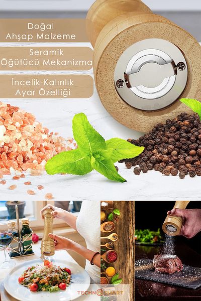 TechnoSmart Natural Wooden Manual Mill - Black Pepper, Salt, Coffee and Spice Grinder